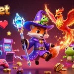Experience thrilling gameplay at slotbet with a magical wizard fox and fiery phoenix in a vibrant casino world.