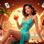 Experience vibrant gameplay at mmoo with a stunning casino scene featuring a glamorous woman and festive elements.