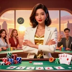 Experience the thrill of gaming at a luxurious casino source with vibrant poker elements and a powerful, elegant dealer.