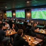 Xem bóng đá trực tuyến at a lively sports bar, patrons engaged in betting strategies while enjoying live matches