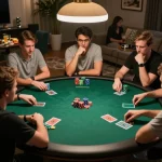 A friendly poker game in progress at home, showcasing engaged players, exemplifying nhà cái uy tín Lc88 in a social setting.