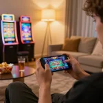 Player exploring NK88 MVP casino app on smartphone in cozy home setting, showcasing engaging online gaming