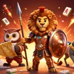 Engage with 68win's vibrant casino scene featuring a Spartan lion, wise owl, and swift greyhound amidst rich gaming elements.