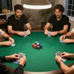 Suasana menarik teman-teman bermain poker di rumah, dengan chip bayi toto di meja.