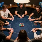 Nohu90 players strategizing on an online poker game with chips stacked and cards analyzed