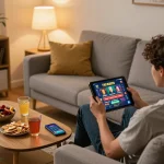 Person enjoying FAFA828 online casino gaming on tablet in a cozy home setup.