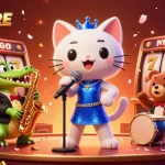 IDNSCORE brings exciting casino vibes alive through a vibrant illustration featuring a jazz-singer cat, crocodile, and bear in a dynamic game setting.