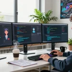 Engaging software development workspace with AI chatbots and vibrant decor, showcasing crushon ia innovation.