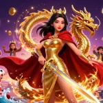 Engage in thrilling toto togel action with a majestic warrior queen surrounded by colorful gambling elements.