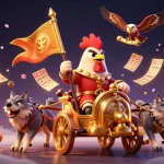 Engage with UGDEWA in a vibrant 3D scene featuring lottery elements and a heroic rooster warlord.
