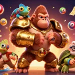 Experience the excitement of sn88 with a lively 3D illustration of a gorilla king, chameleon, and tortoise amidst dynamic gambling elements.