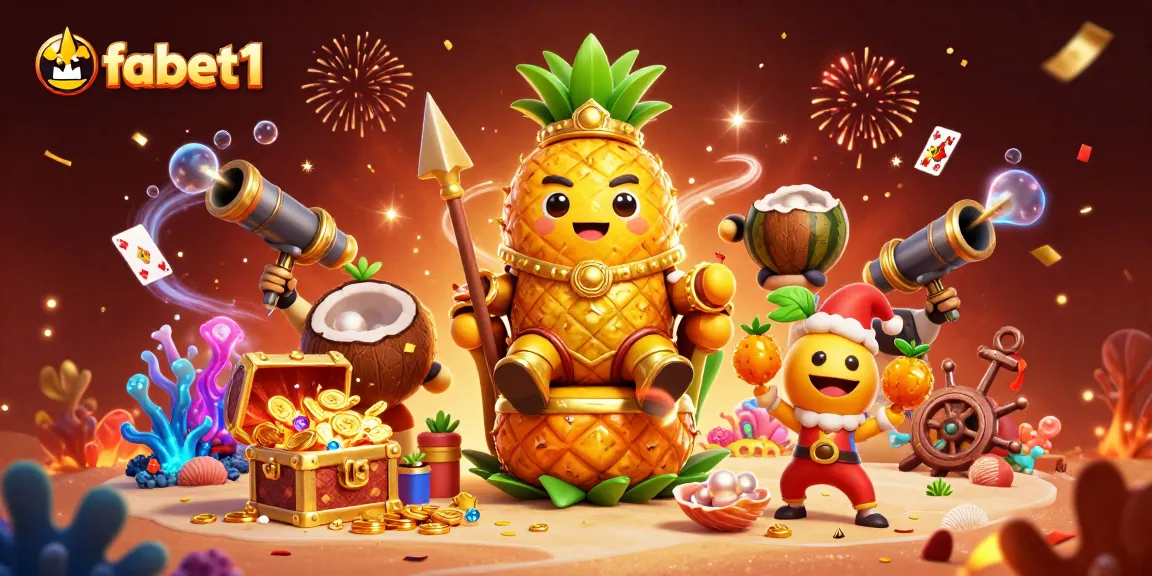 Engage in thrilling gameplay at fabet1, featuring a vibrant beach casino with a cartoon pineapple king.