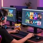 Immersive gaming setup showcasing Mahajitu platform, vibrant atmosphere with multiple screens and colorful graphics.