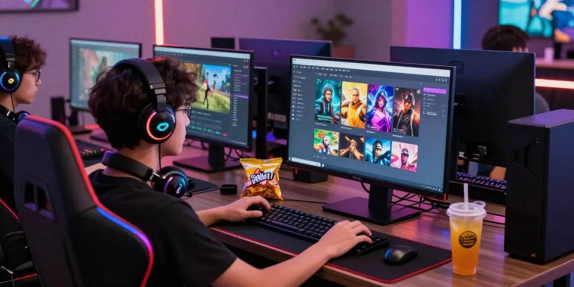 Immersive gaming setup showcasing Mahajitu platform, vibrant atmosphere with multiple screens and colorful graphics.