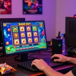 Player exploring bonus buy slots on laptop, engaging gaming setup with vibrant graphics.