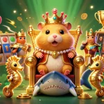 Permainan slot yang seru menampilkan hamster emas raja di singgasana gigi hiu megalodon, dikelilingi simbol slot.