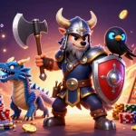 Engage with five88z in an exciting casino scene featuring Viking warrior, dragon, and glowing cards.