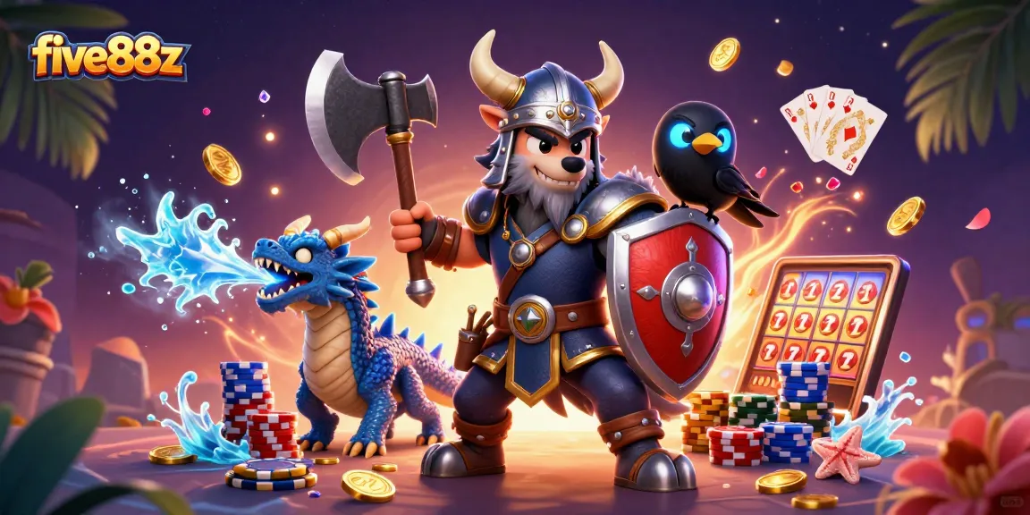 Engage with five88z in an exciting casino scene featuring Viking warrior, dragon, and glowing cards.