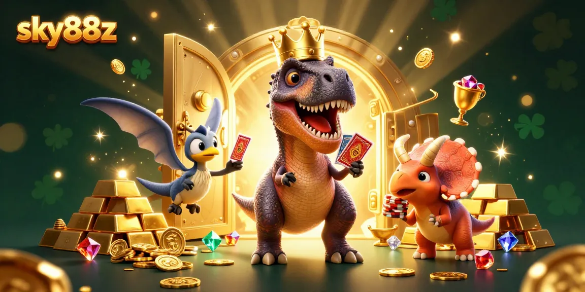 Experience thrilling games at sky88z with 3D dinosaurs in a vibrant casino atmosphere.
