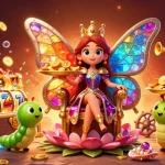 Slot yang memikat dengan ratu kupu-kupu duduk di takhta, dikelilingi harta karun dan alat permainan.