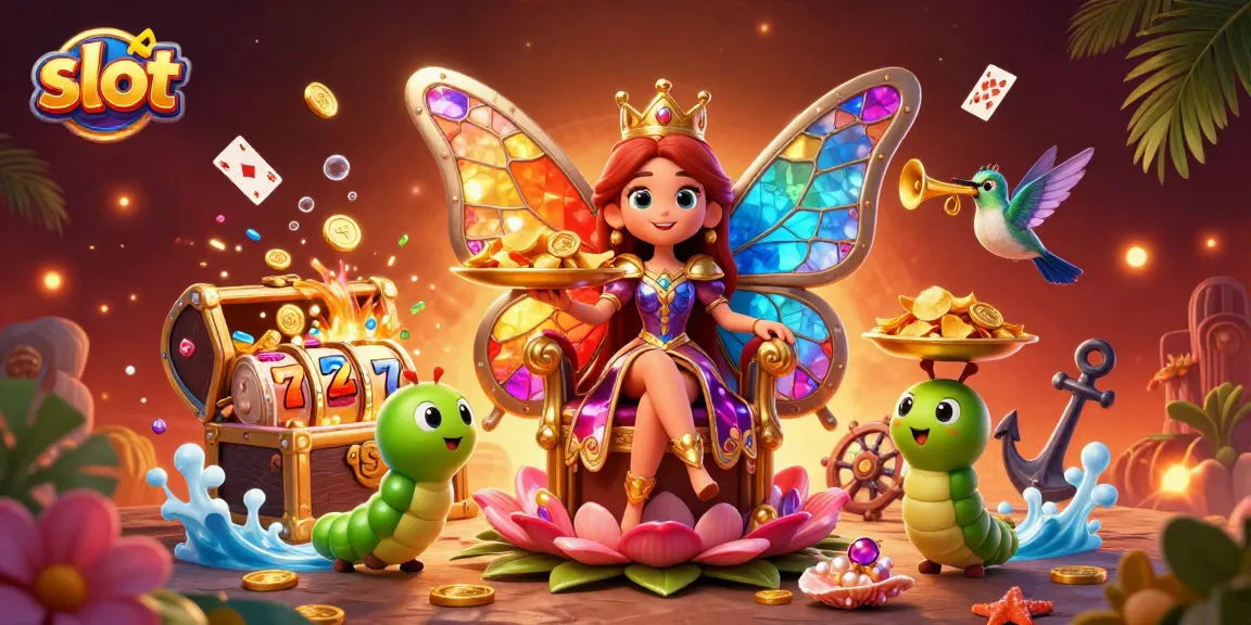 Slot yang memikat dengan ratu kupu-kupu duduk di takhta, dikelilingi harta karun dan alat permainan.