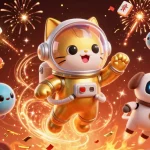 Engage with dipo4d's thrilling atmosphere in a vibrant lottery scene, featuring a quirky astronaut cat and robot dog
