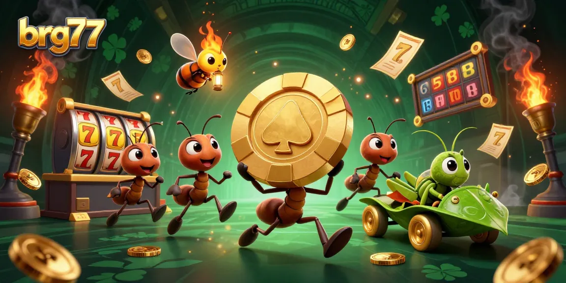 Experience thrilling gameplay in brg77 with ants stealing golden poker chips in a vibrant casino heist scene.