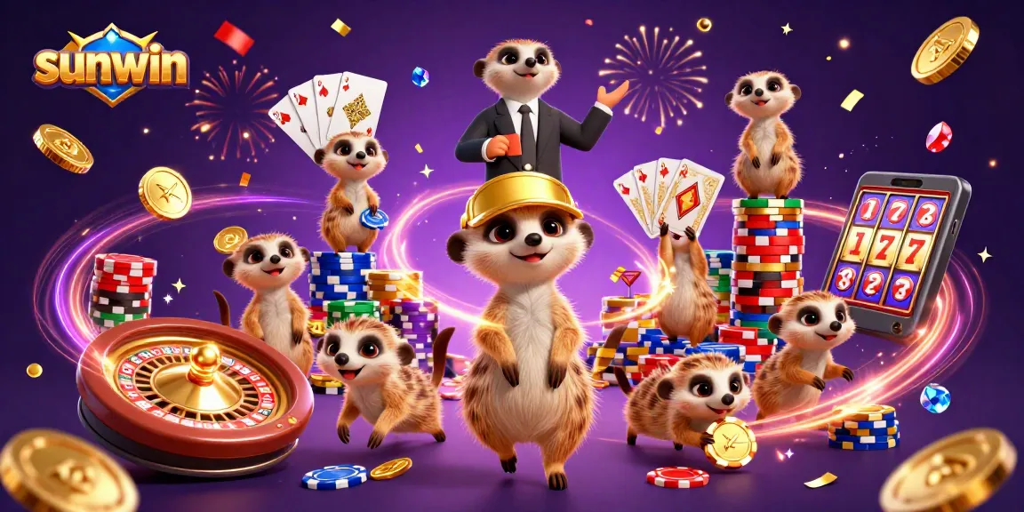 Experience exciting gameplay with sunwin's cartoon meerkats managing a vibrant casino scene full of action.