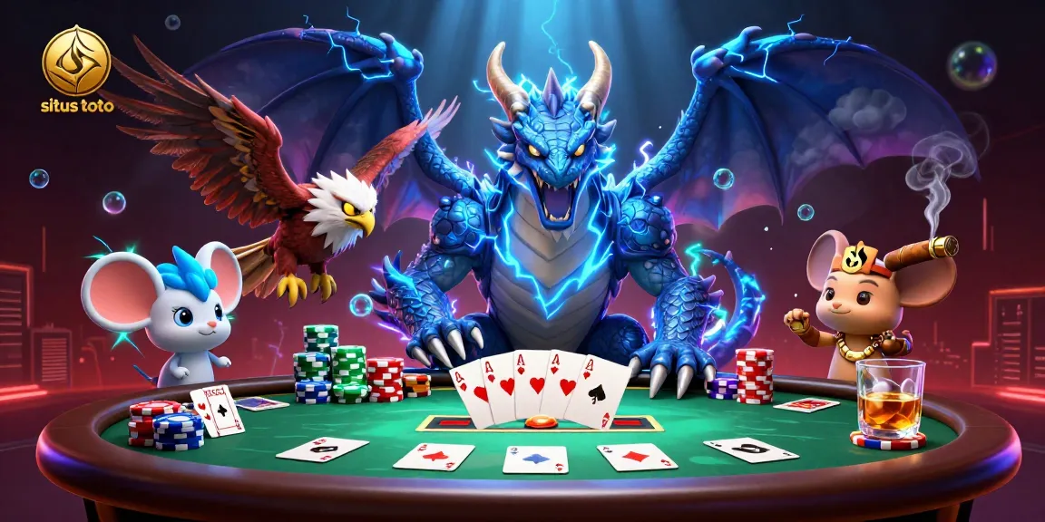 Situs toto engaging cartoon illustration showcasing intense gaming action with poker elements.