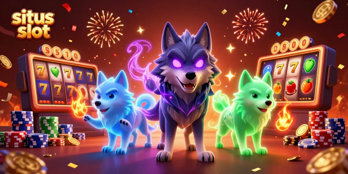 Experience excitement at situs slot with vibrant slot reels and mystical wolf characters.