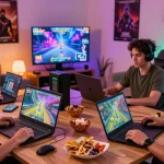 Exciting gaming night with players enjoying platform games on various devices, showcasing the cika4d link experience.