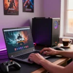 Excited player using Raja Game login on a stylish laptop in a vibrant gaming setup.