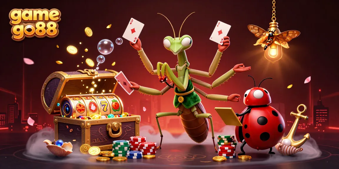 Join the game go88 fun with a vibrant casino scene featuring a giant mantis and ladybug pit boss.