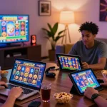 Players enjoying Bonus Buy Slots at cocomaya.co.uk in a cozy gaming setup with modern technology.