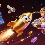Win big with net88z in this vibrant 3D crypto gambling universe featuring golden penguin and poker chip.