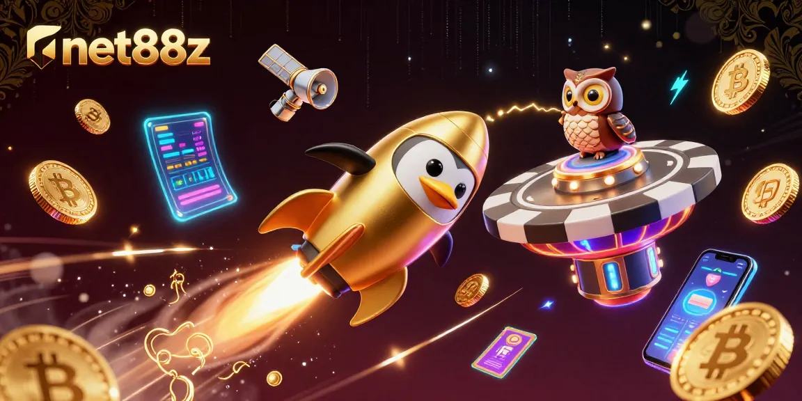 Win big with net88z in this vibrant 3D crypto gambling universe featuring golden penguin and poker chip.