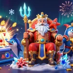 Experience the world of debet1 with Neptune surrounded by a jackpot, coins, and vibrant casino elements.