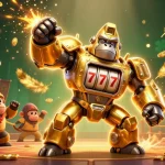ccrm illustrates a dynamic scene of a golden gorilla mech along with casino symbols, ready for action.